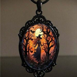 Witch Silhouette Halloween Goth Pendant Necklace - Orange Black